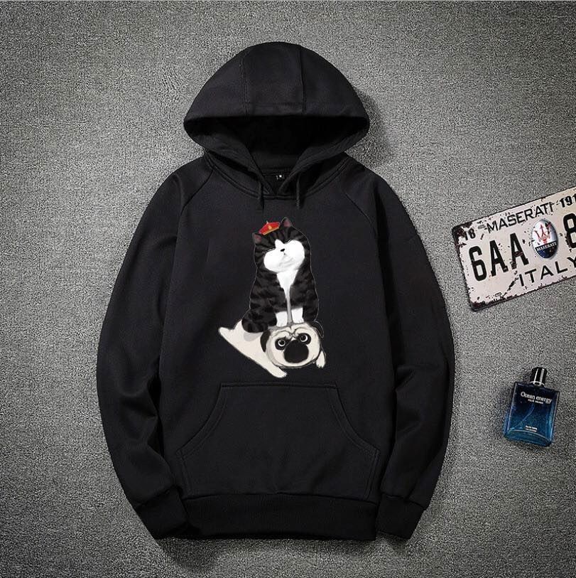 Kingdom of Tiger Cat & Silly Pug Black color Unisex Pullover Hoodie by Reephie
